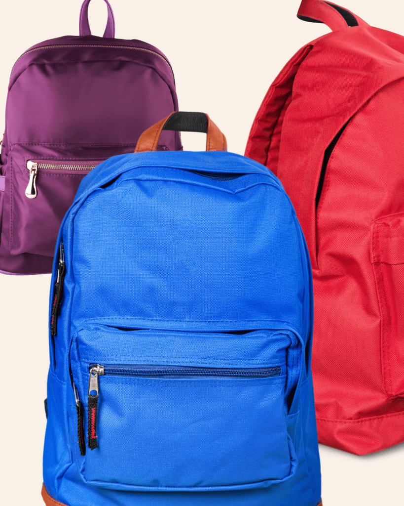 Blue, Red, and Purple backpacks