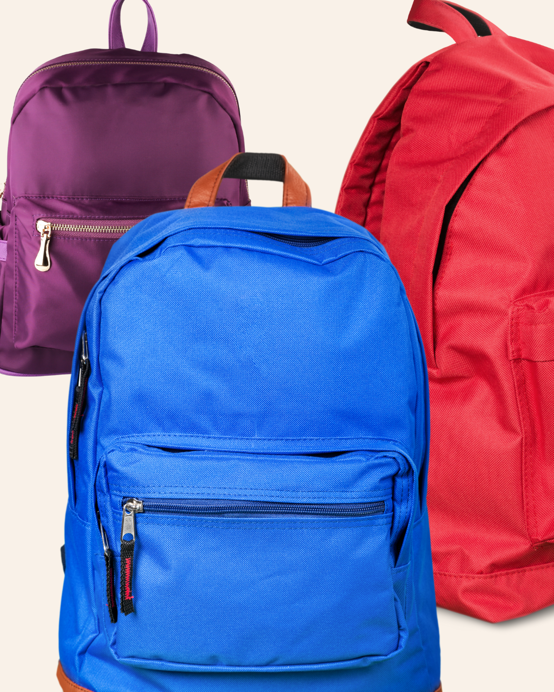 Blue, Red, and Purple backpacks